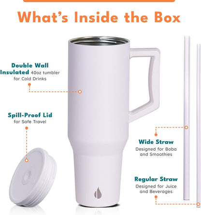 Elemental 32 oz 100% Leak Proof Tumbler with Handle & Straw - Stainless Steel Double Wall Insulated Tumbler for Hot and Cold Beverages - Travel Coffee Mug with Sip & Straw Lid - White - Colors A