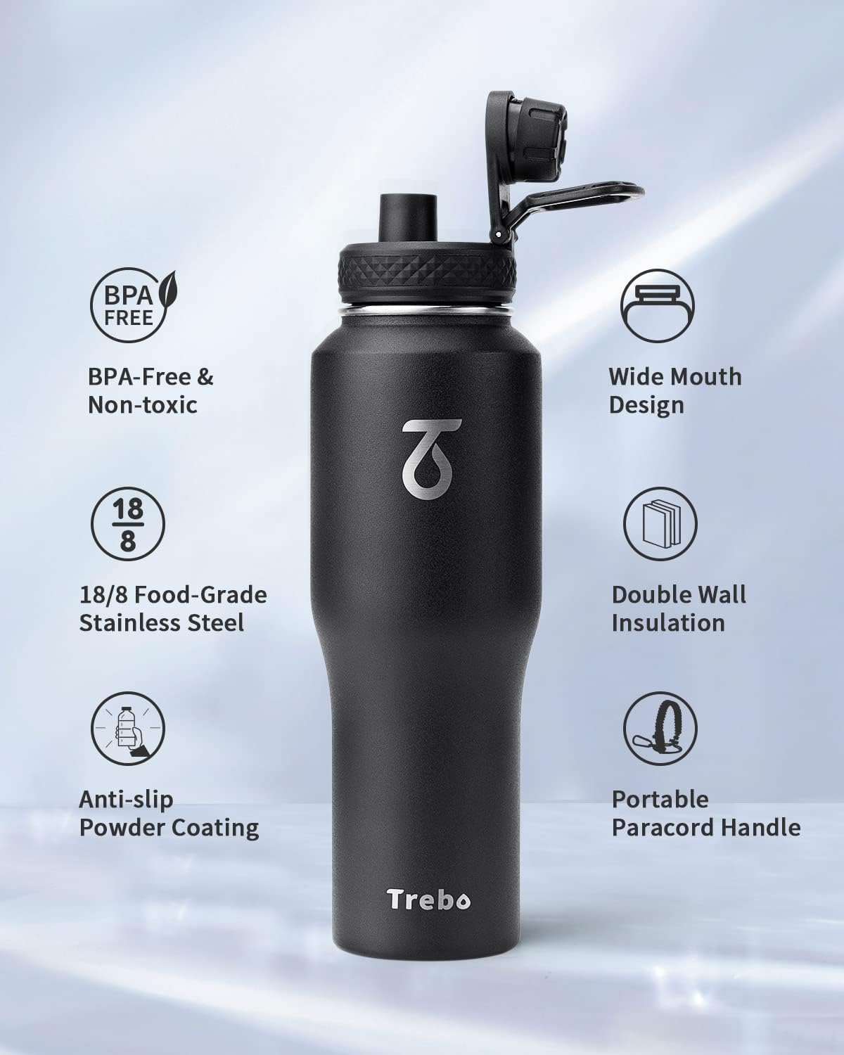 Trebo 40 oz Water Bottle Insulated Fit Car Cup Holder with Handle, Stainless Steel Water Bottles Tumbler with Spout Straw Lids, Double Wall Travel Reusable Flask, Leakproof Mug,Keep Cold &Hot,Black