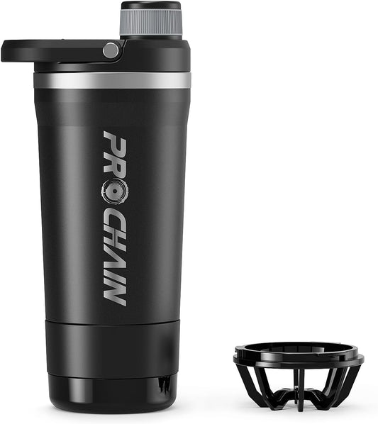 PROCHAIN Insulated Stainless Steel Shaker Bottle, Metal Shaker Cup for Protein Shakes with Storage, Leak-Proof Twist Lock Lid, Perfect for Gym Sports, 20 oz