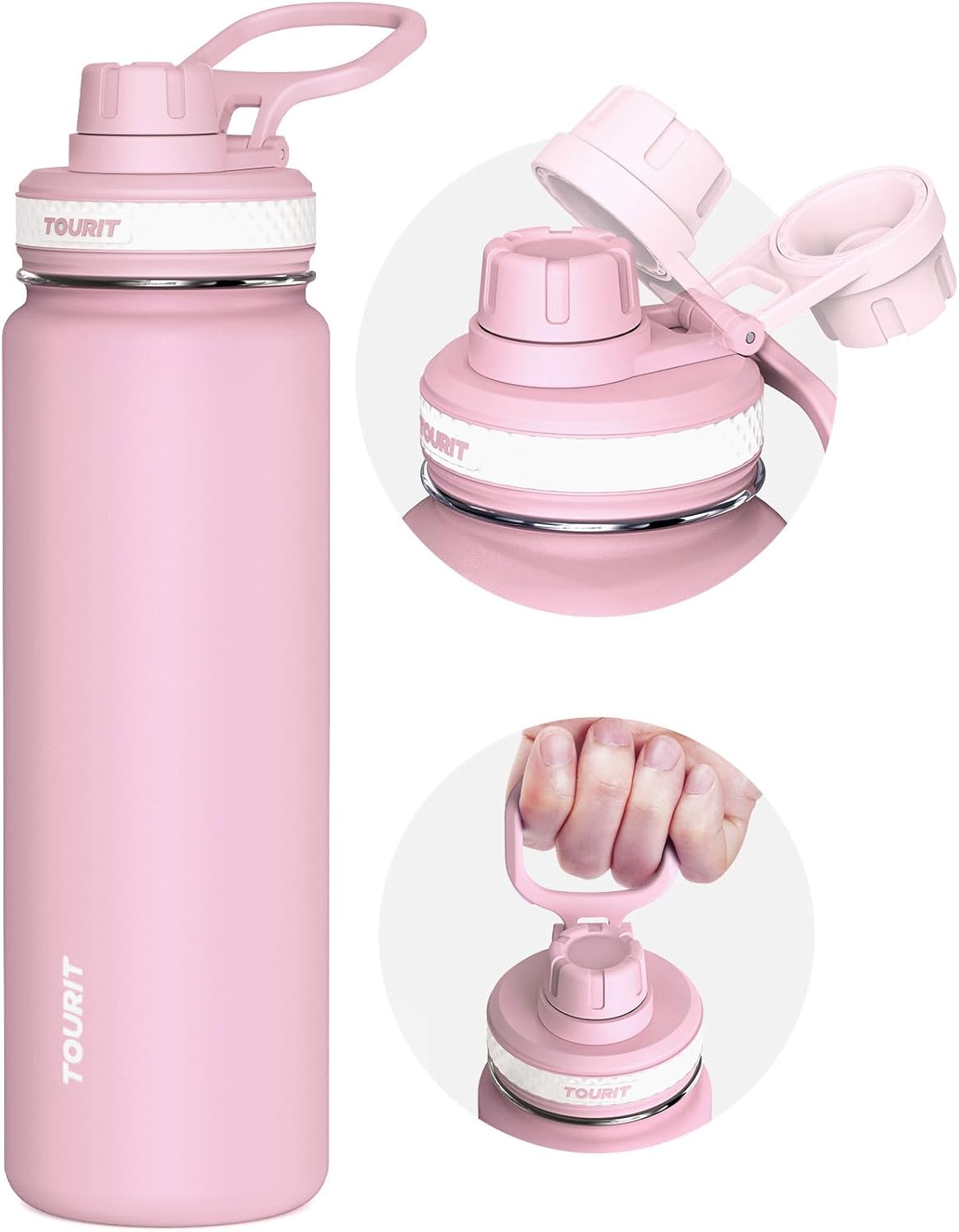 TOURIT 24 oz Insulated Water Bottle, Stainless Steel Water Bottles With Handle, Double-Wall Vacuum Sports Water Bottle, BPA Free Leakproof Water Bottle, Black