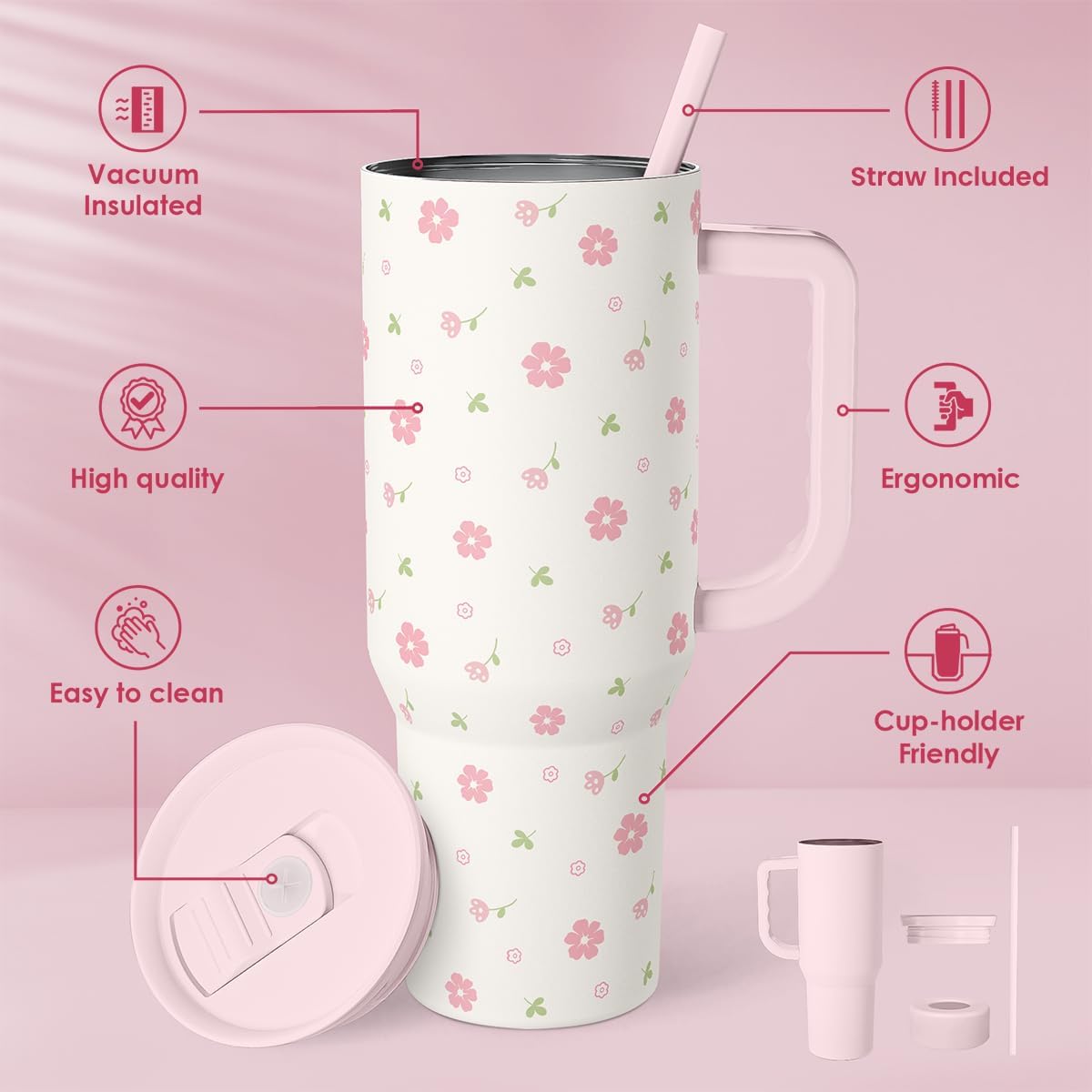SANDJEST Pickleball 40oz Tumbler With Handle and Straw, Pickleball Queen Insulated Stainless Steel Travel Coffee Mug for Women Girls Players, Gift Idea for Birthday Christmas Mothers Day