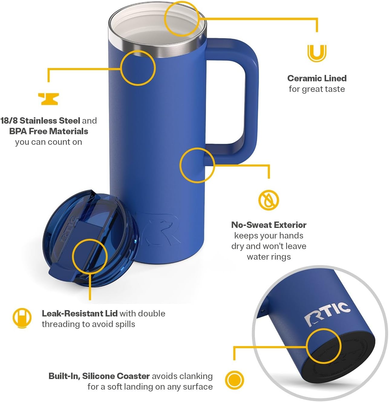 RTIC 20oz Road Trip Travel Mug with Lid and Handle, Ceramic Lined, Insulated, Stainless Steel, Metal, Double Wall Vacuum-Insulation, Portable Coffee, Tea Cup for Hot and Cold Drink, Black