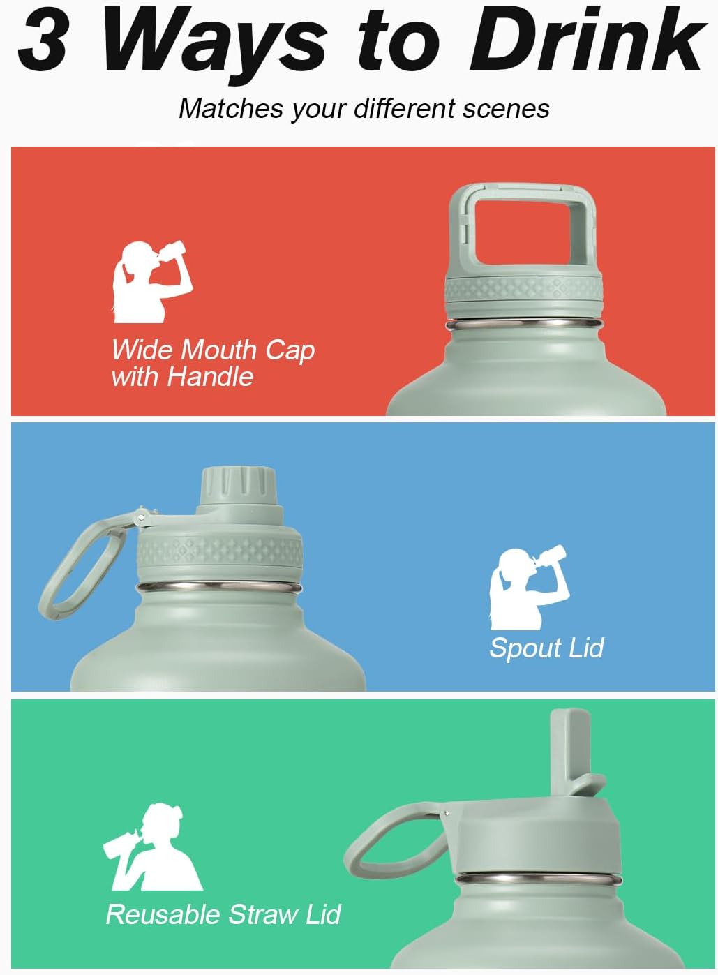 Half Gallon Water Bottle Insulated with Straw & 3 Lids, Coolflask 64 oz Water Jug Large Metal Stainless Steel Wide Mouth for Sports, Gym or Office, Non-BPA Keep Cold 48H Hot 24H, Samurai Cyan