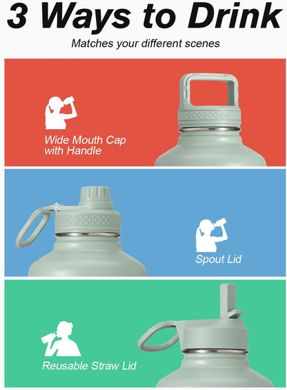 Half Gallon Water Bottle Insulated with Straw & 3 Lids, Coolflask 64 oz Water Jug Large Metal Stainless Steel Wide Mouth for Sports, Gym or Office, Non-BPA Keep Cold 48H Hot 24H, Samurai Cyan
