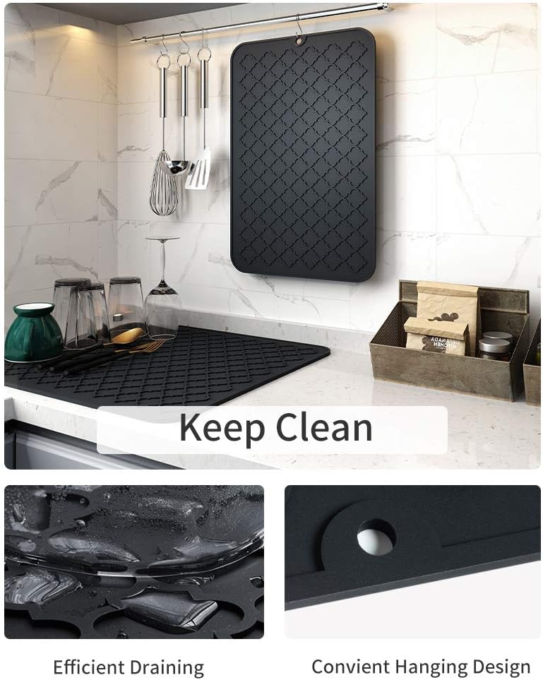 AMOAMI-Dish Drying Mats for Kitchen Counter-Silicone Dish Drying Mat-Kitchen Dish Drying Pad Heat Resistant Mat-Kitchen Gadgets Kitchen Accessories Kitchen Small Appliances(12" x 16", BLACK)