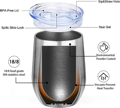 MEZMUT 12 Oz Insulated Wine Tumbler with Lid Double Wall Vacuum Stainless Steel Wine Glass Coffee Mug Insulated Tumbler Cup for Champaign, Cocktail, Beer (Black, 1 Pack)