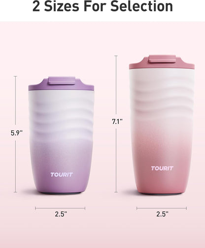 TOURIT 16 oz Travel Coffee Mug, Vacuum Insulated Stainless Steel Tumbler with Ripple-Wave Anti-Slip Grip, Built-in Silicone Bottom for Quiet & Stable, Leak-Proof Lid, Fits Car Cup Holder, Khaki
