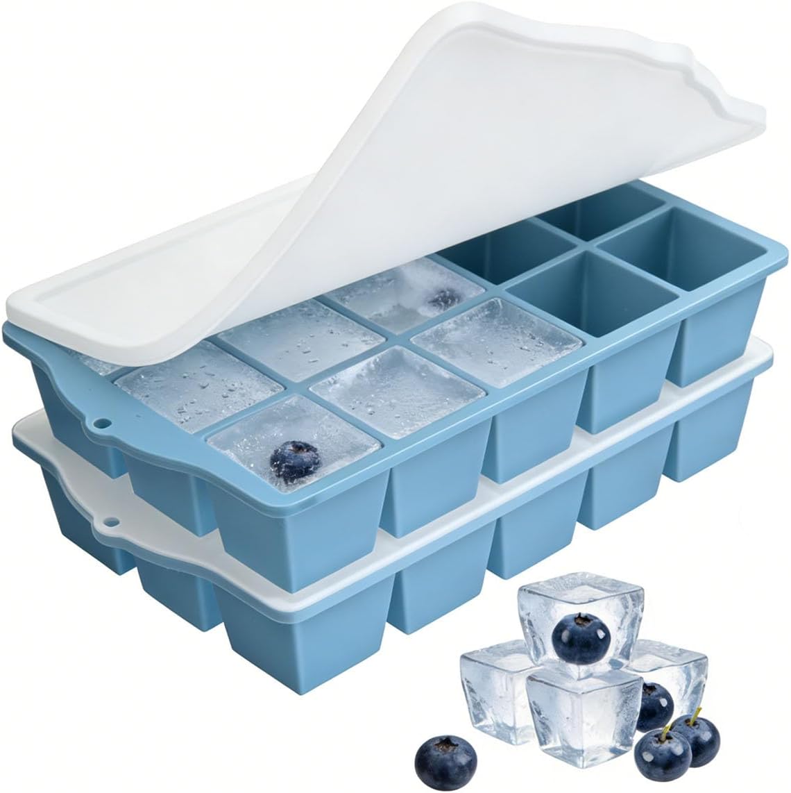 Silicone Ice Cube Tray, 2 Pack Easy-Release Stackable Ice Trays for Freezer with Lid 15 Reusable Cubes, Food Grade BPA Free Ice Molds for Whiskey, Baby Food, Coffee, Cocktail, Drinks (Blue)
