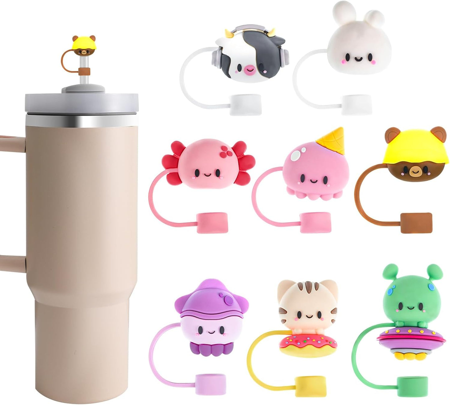 8 Pcs Animal Straw Cover Cap, Silicone Straw Topper for Stanley 30&40 Oz Tumbler Cute Straws Cap in Various Shapes, Straws Covers for 0.4 Inch/10 mm Tips Gifts for Women Girls Teens