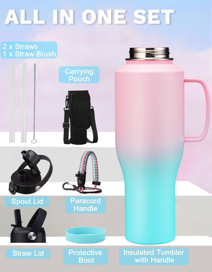 Insulated Water Bottle 40 oz - Fits in any Car Cup Holder, Keep Cold 48H Hot 24H, Stainless Steel Waterbottle Double Wall Flask with Straw, Pop-up Spout Lid, Paracord Handle, Carrier Bag