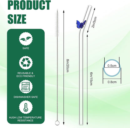 Meanplan 10 Pcs Cute Reusable Glass Straws with Design,8 mm x 7.9'' Shatter Resistant Butterfly Bow Clear Bent Glass Straw with Cleaning Brush for Drink Party Milkshakes Juice (Mixed Color)