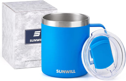SUNWILL Travel Coffee Mug with Lid, Insulated Tumbler with Handle, 14 oz Stainless Steel Cup for Ice, Water, Tea, Rose Gold