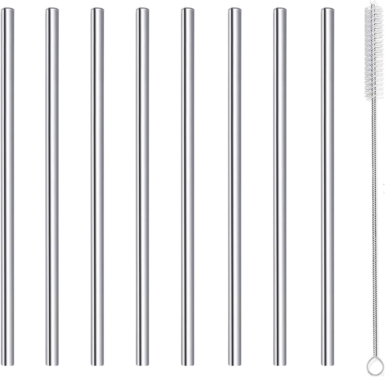 Stainless Steel Straws Metal Reusable Drinking Straw for Juice Iced Coffee Cold Beverage Water Highball Glasses 20oz Tumblers Mugs Cups, 0.24" 6mm Wide 215mm Long, Set of 8 with Brush, Silver