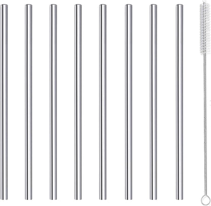 Stainless Steel Straws Metal Reusable Drinking Straw for Juice Iced Coffee Cold Beverage Water Highball Glasses 20oz Tumblers Mugs Cups, 0.24" 6mm Wide 215mm Long, Set of 8 with Brush, Silver