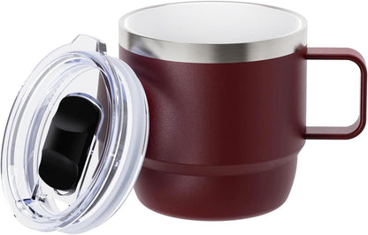 Zenbo 8 oz Small Coffee Mug with Magnetic Sliding Lid & Handle, Ceramic-Lined 18/8 Stainless Steel, Double-Wall Vacuum Insulated Espresso Coffee Cup, Stackable & Dishwasher Safe, White