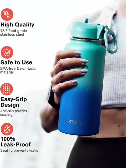 Half Gallon Water Bottle Insulated with Straw & 3 Lids, Coolflask 64 oz Water Jug Large Metal Stainless Steel Wide Mouth for Sports, Gym or Office, Non-BPA Keep Cold 48H Hot 24H, Samurai Cyan