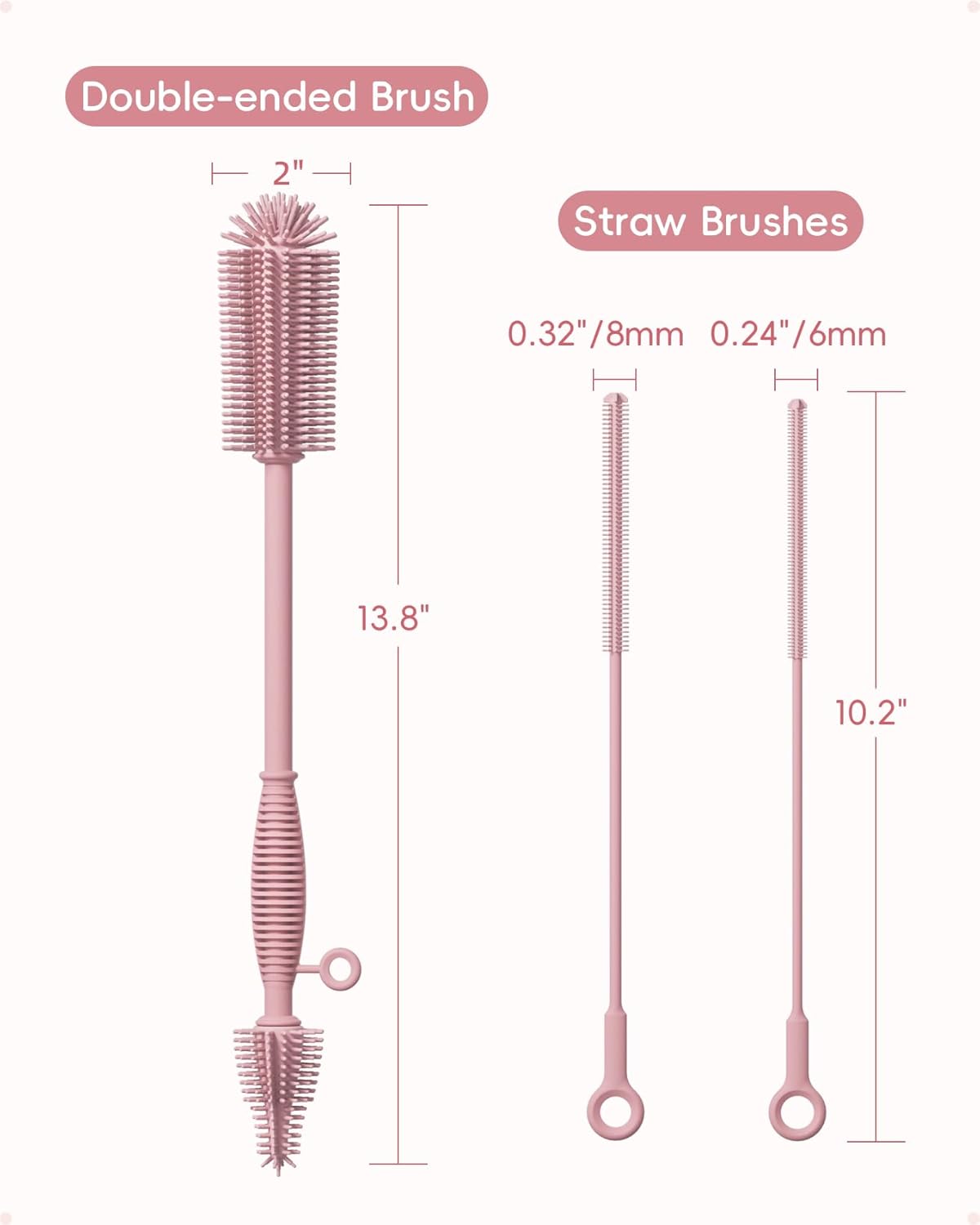 Silicone Cleaning Brush Kit,Water Bottle and Straw Cleaner Brush Set for Tumbler,Baby Bottle,Breast Pump Part,Nipple,Sippy Cup,Glass,Dishwasher Safe,BPA Free,3 Pcs