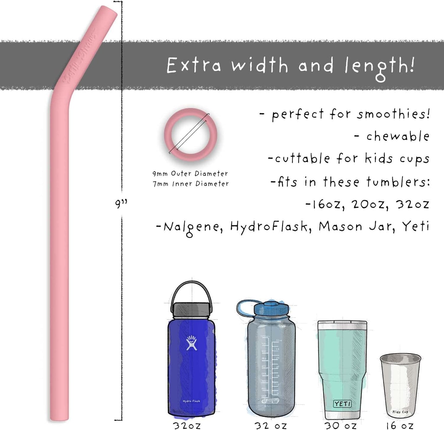 Softy Straws Premium Reusable Stainless Steel Drinking Straws With Silicone Tips + Patented Straw Cleaners and Carrying Case - 9” Long Metal With Curved Bend for 20/30/32oz Tumblers