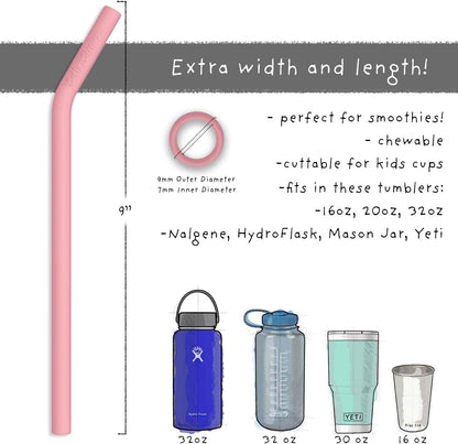 Softy Straws Premium Reusable Stainless Steel Drinking Straws With Silicone Tips + Patented Straw Cleaners and Carrying Case - 9” Long Metal With Curved Bend for 20/30/32oz Tumblers