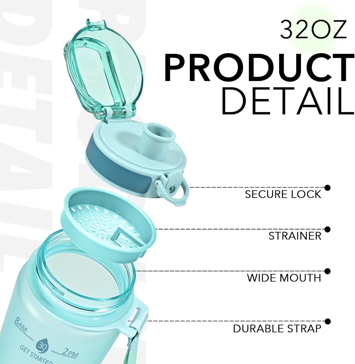 32oz Water Bottle with Time Marker, Motivational Drinking Bottle with Strap, BPA-Free Leak-Proof, Encouraging Water Bottle Time to Drink Water for Gym School Office Travel