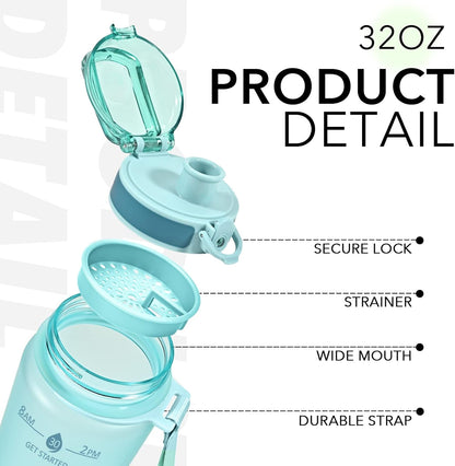 32oz Water Bottle with Time Marker, Motivational Drinking Bottle with Strap, BPA-Free Leak-Proof, Encouraging Water Bottle Time to Drink Water for Gym School Office Travel