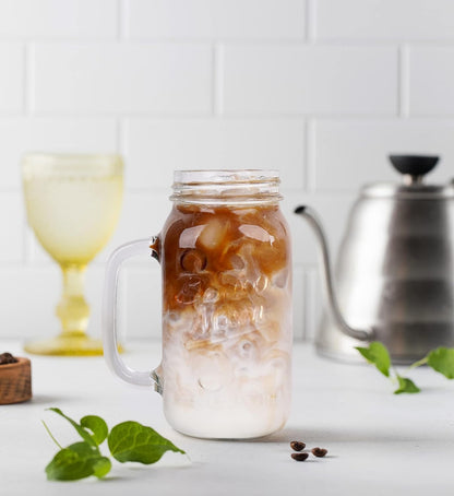 ANOTION Mason Jar Iced Coffee Cup with Lid and Straw, 24oz Regular Mouth Mason Jars with Handle Glass Coffee Drinking Glasses Tumbler Reusable Cups Bottles for Iced Coffee Cups for Travel Office Home