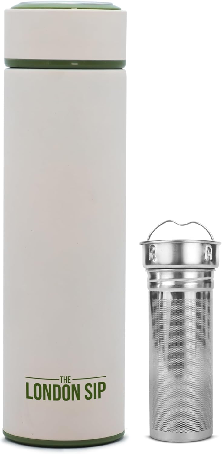 The London Sip Multi-Purpose Travel Mug and Tumbler Fruit Infused Flask Hot and Cold Double Wall Stainless Steel Thermos with Extra-Long Infuser, Purple