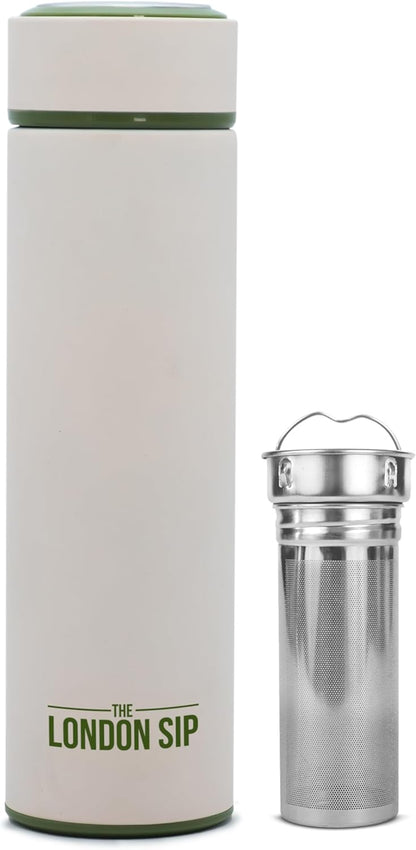 The London Sip Multi-Purpose Travel Mug and Tumbler Fruit Infused Flask Hot and Cold Double Wall Stainless Steel Thermos with Extra-Long Infuser, Purple