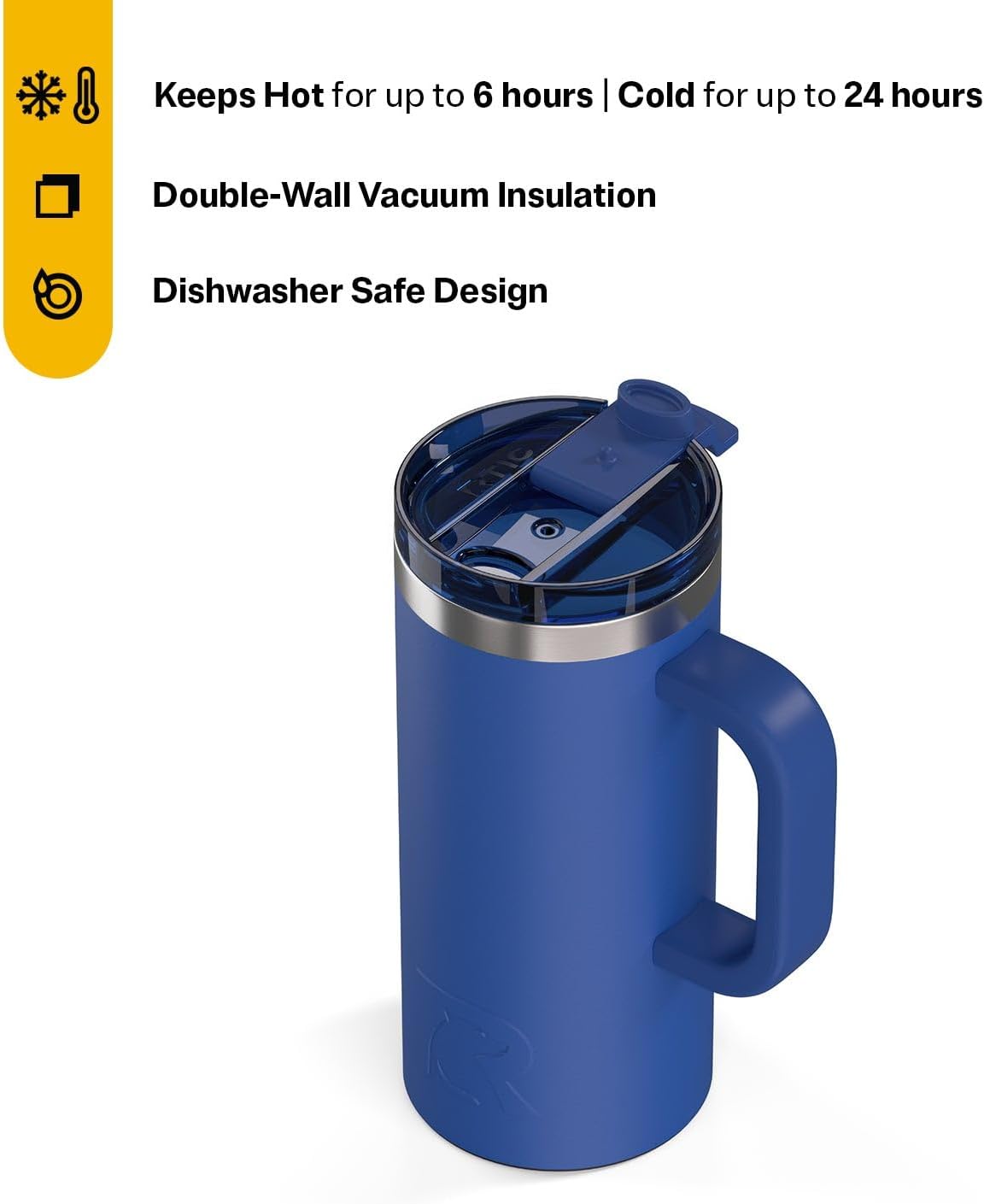 RTIC 20oz Road Trip Travel Mug with Lid and Handle, Ceramic Lined, Insulated, Stainless Steel, Metal, Double Wall Vacuum-Insulation, Portable Coffee, Tea Cup for Hot and Cold Drink, Black