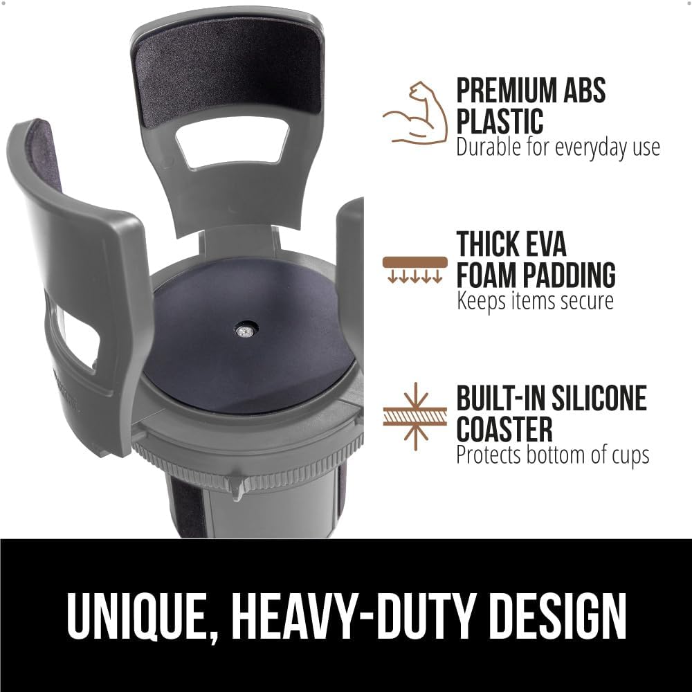 GORILLA GRIP Patent Pending Adjustable Car Cup Holder Expander, Keeps Water Bottle Secure, Expands to Fit 18 to 48 oz Large Bottles, Yeti, Owala, Stanley with Handle, Coffee Mug Insert for Cars, Black