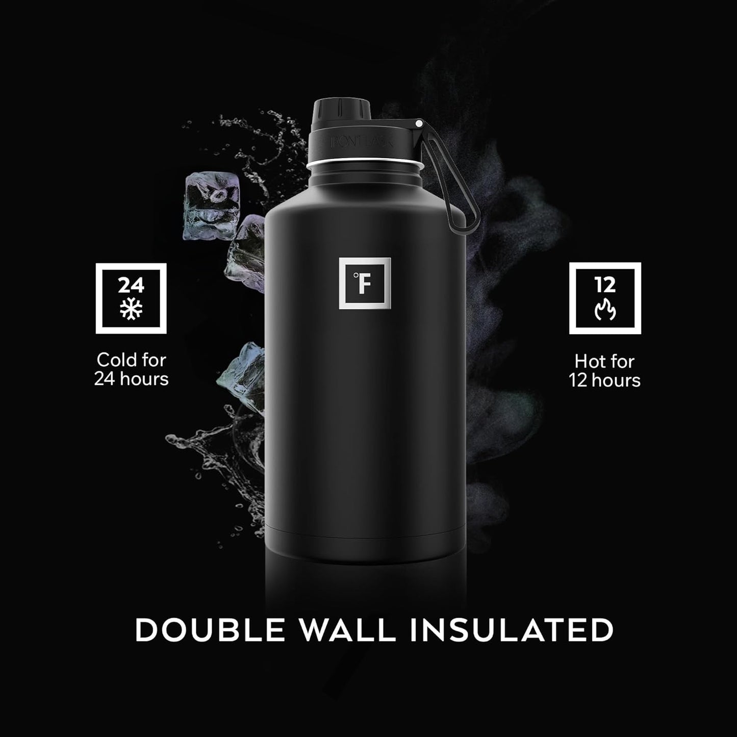 IRON °FLASK Camping & Hiking Hydration Flask with Straw, Wide Mouth Insulated Stainless Steel Sports Water Bottle - 40 oz Midnight Black