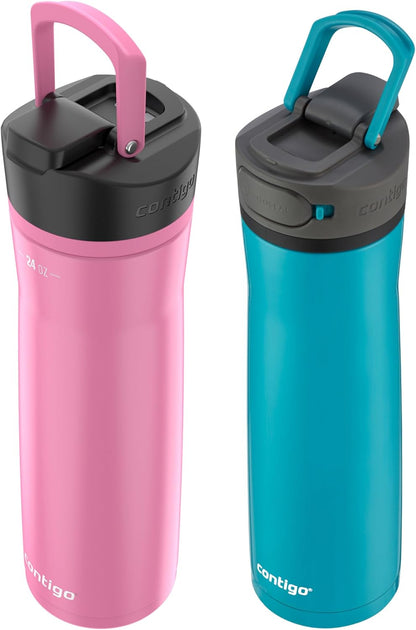 Contigo Cortland Chill 2.0 Vacuum-Insulated Stainless Steel Water Bottle, Spill-Proof Sip Technology, Interchangeable Lid, 24oz, Steel/Licorice, Perfect for Fitness Travel Everyday Use