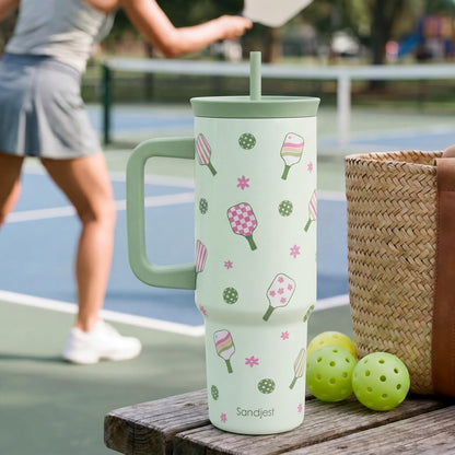 SANDJEST Pickleball Stainless Steel Locking Lid Silicone Straw Tumbler with Handle 40oz, Insulated Stainless Steel Travel Cup for Women Girls Friends Players, Gift Idea for Birthday Christmas
