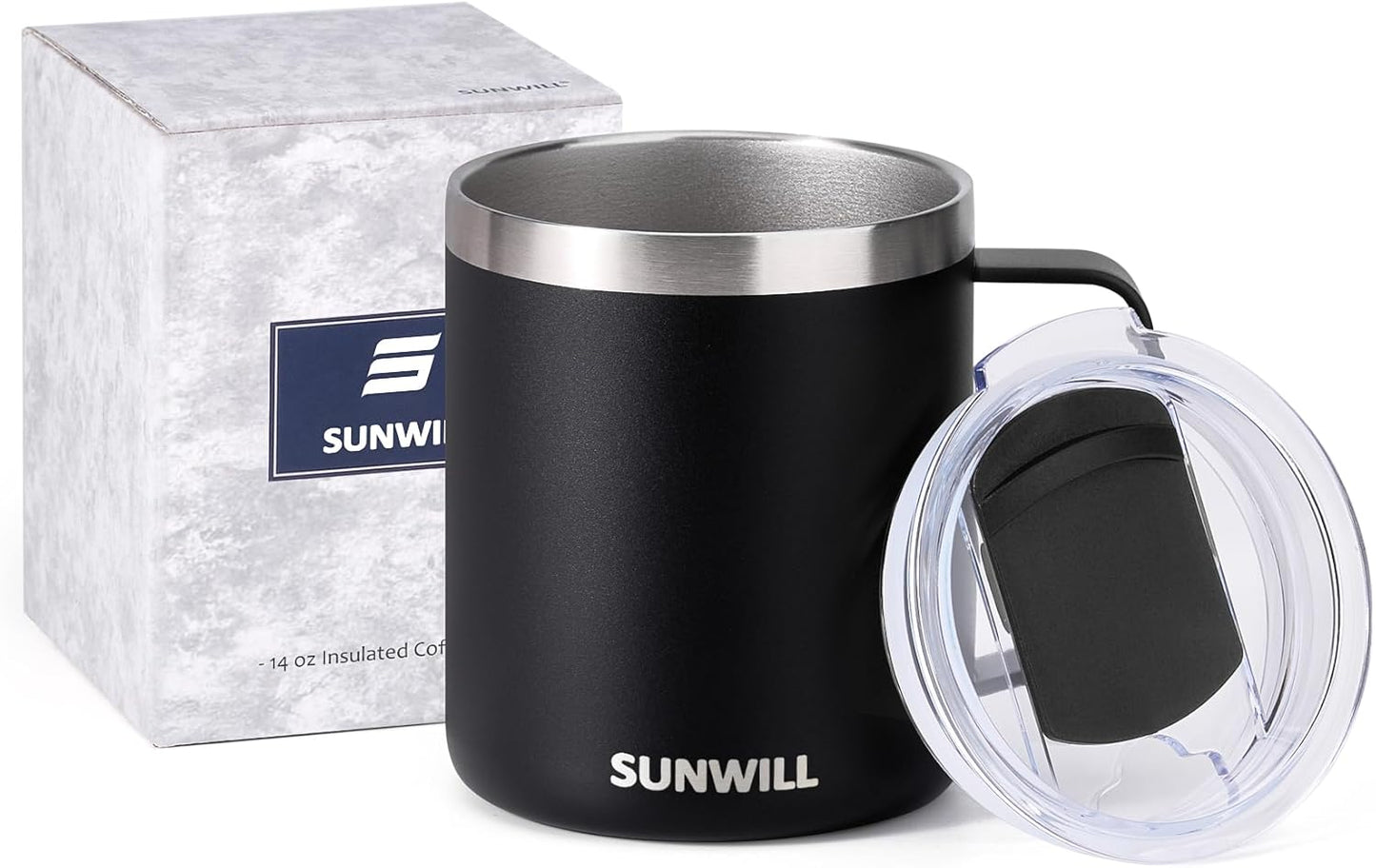 SUNWILL Travel Coffee Mug with Lid, Insulated Tumbler with Handle, 14 oz Stainless Steel Cup for Ice, Water, Tea, Rose Gold
