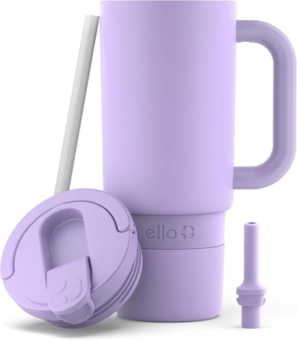 Ello Port 40oz Tumbler with Carry Loop & Integrated Handle, Vacuum Insulated Stainless Steel Reusable Water Bottle, Travel Mug with Leak Proof Lid & Straw, Perfect for Iced Coffee & Tea, White