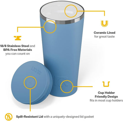 RTIC 20oz Everyday Tumbler Insulated Stainless Steel Portable Travel Coffee Cup with Straw, Ceramic Lining, Spill-Resistant Lid, BPA-Free, Hot and Cold Drink, Beach