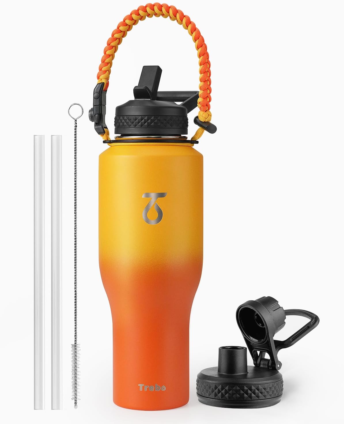 Trebo 40 oz Water Bottle Insulated Fit Car Cup Holder with Handle, Stainless Steel Water Bottles Tumbler with Spout Straw Lids, Double Wall Travel Reusable Flask, Leakproof Mug,Keep Cold &Hot,Black