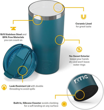 RTIC 20oz Essential Tumbler with Lid, Ceramic Lined, Insulated, Stainless Steel, Metal, Double Wall Vacuum-Insulation, Travel Cup for Iced Coffee, Tea, Hot and Cold Drink, Graphite