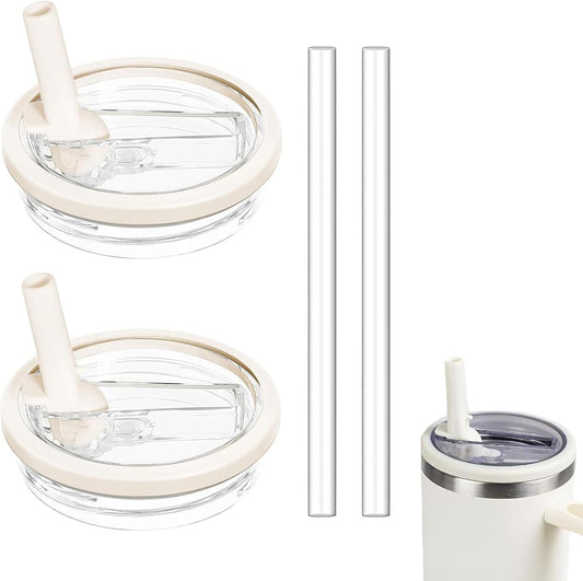 2 Pack 30 oz Replacement Tumbler Flip Straw Lid fit for Stanley Quencher, Leak Proof Lid Replacement for 30 OZ Stanley-H2.0 FlowState Tumbler, Spill Proof Reusable Lid (Beige)
