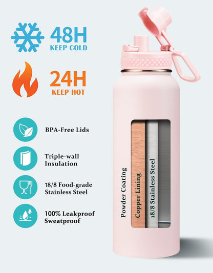 32/40/64OZ Insulated Water Bottle - Keep Cold 48H Hot 24H, Combo Straw/Spout Lids, Paracord Handle for Gym/Hiking, Carrier Bag +Strap, Cup Mat, BPA-Free Stainless Steel Flask Jug