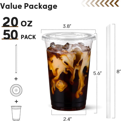 AOZITA 16 oz Plastic Cups with Lids and Straws, 50 Pack, Disposable Iced Coffee Cups with Lids, Clear Cups with Lids for Cold Drinks, Iced Tea, Milkshakes, Smoothies - Durable & BPA Free