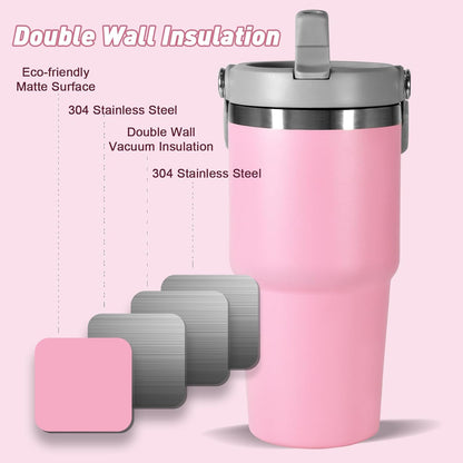 30 oz Tumbler with Handle and Straw Lid, Double Walled Vacuum Insulated Water Bottle Leakproof Tumbler Travel Coffee Mug Thermal Cup, Cupholder Friendly for Office, Home, Sport, Pink