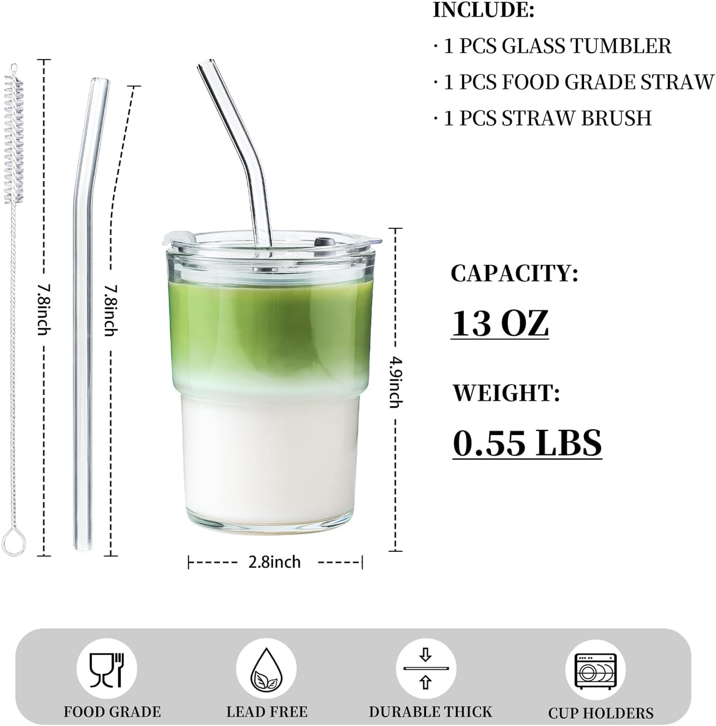 Olvini 13oz Glass Tumbler with Straw and Lid, Reusable Iced Coffee Cup Tumbler, Cute Glass Cups for Water, Matcha, Travel Coffee Mugs (Daisy)