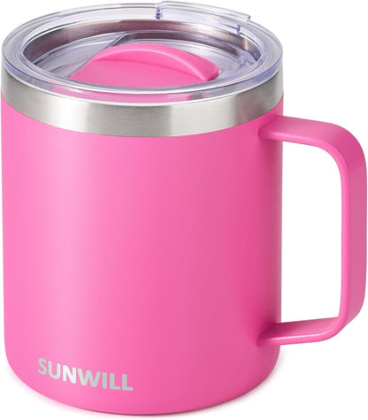 SUNWILL Travel Coffee Mug with Lid, Insulated Tumbler with Handle, 14 oz Stainless Steel Cup for Ice, Water, Tea, Rose Gold