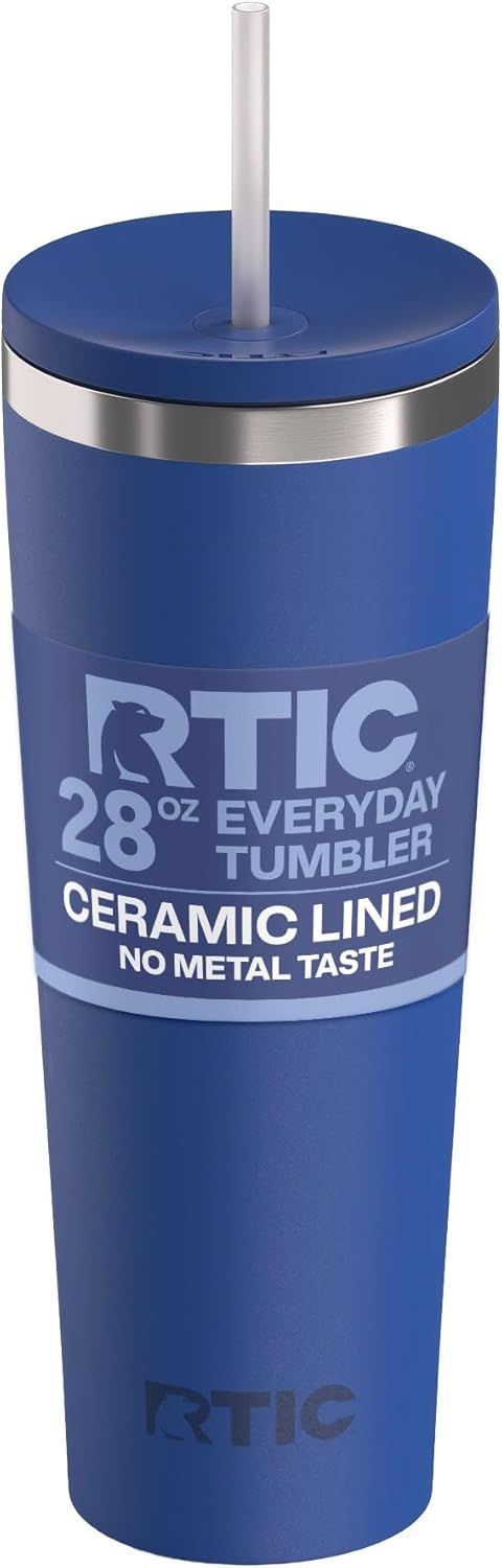 RTIC 20oz Everyday Tumbler Insulated Stainless Steel Portable Travel Coffee Cup with Straw, Ceramic Lining, Spill-Resistant Lid, BPA-Free, Hot and Cold Drink, Beach