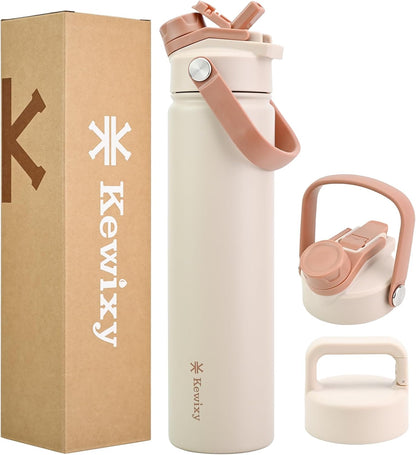 KEWIXY 32 oz Insulated Water Bottle, 2-in-1 Lid, Straw & Spout with Protected, Leak Proof, Keep Cold, Stainless Steel, Metal, Reusable, Handle, for Outdoor, Gym and School, 2 Lids, Blush Pink