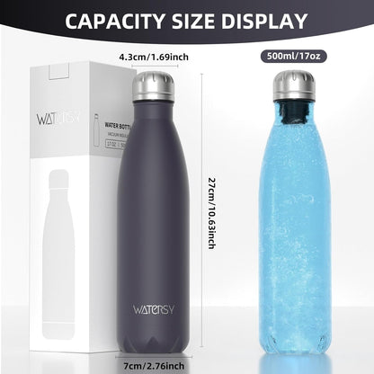 WATERSY Stainless Steel water bottles,17oz/500ml Insulated Water Bottles,Deep Blue metal water bottle Keeps Drink Cold and Hot,BPA Free kids water bottles for School,Gym,Travel,Sports