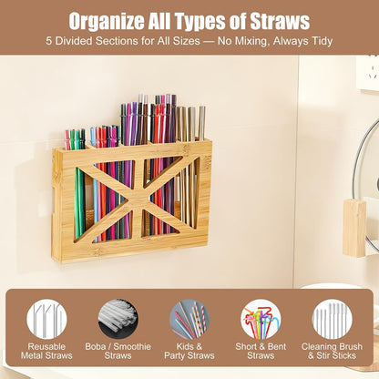 PEKER Straw Organizer for Cabinet Door, Peel and Stick Straw Holder with 5 Sections, Fast-Drying Ventilated Storage Rack for Reusable, Smoothie and Boba Straws