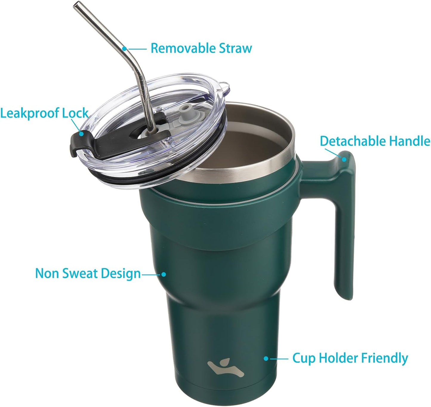 Konokyo 20 oz Tumbler with Handle and 2 Straw 2 Lid, Insulated Water Bottle Stainless Steel Vacuum Cup Reusable Travel Mug,Black