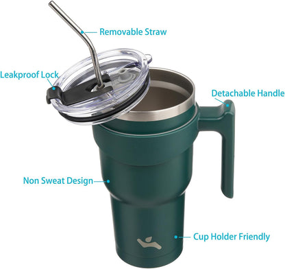 Konokyo 20 oz Tumbler with Handle and 2 Straw 2 Lid, Insulated Water Bottle Stainless Steel Vacuum Cup Reusable Travel Mug,Black